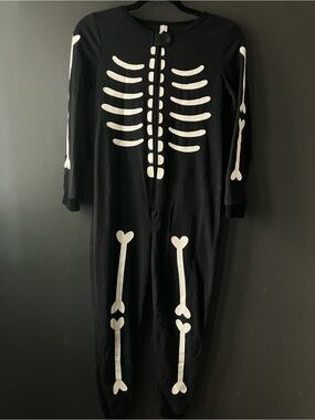 Skeleton One Piece Pajamas 10y Fleece Black & White Sleeper Camping Halloween